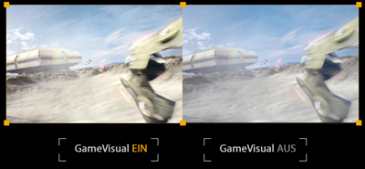 Screenshot mit eingeschaltetem/ausgeschaltetem GameVisual Racing Modus