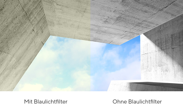 Bild mit Blaulichtfilter. Bild ohne Blaulichtfilter