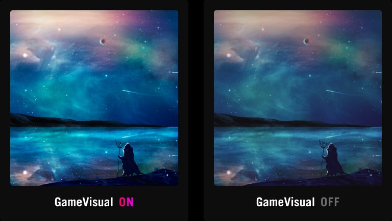Ein Vergleich der Landschaftsansicht auf dem ROG Swift PG32UQXR, mit und ohne GameVisual