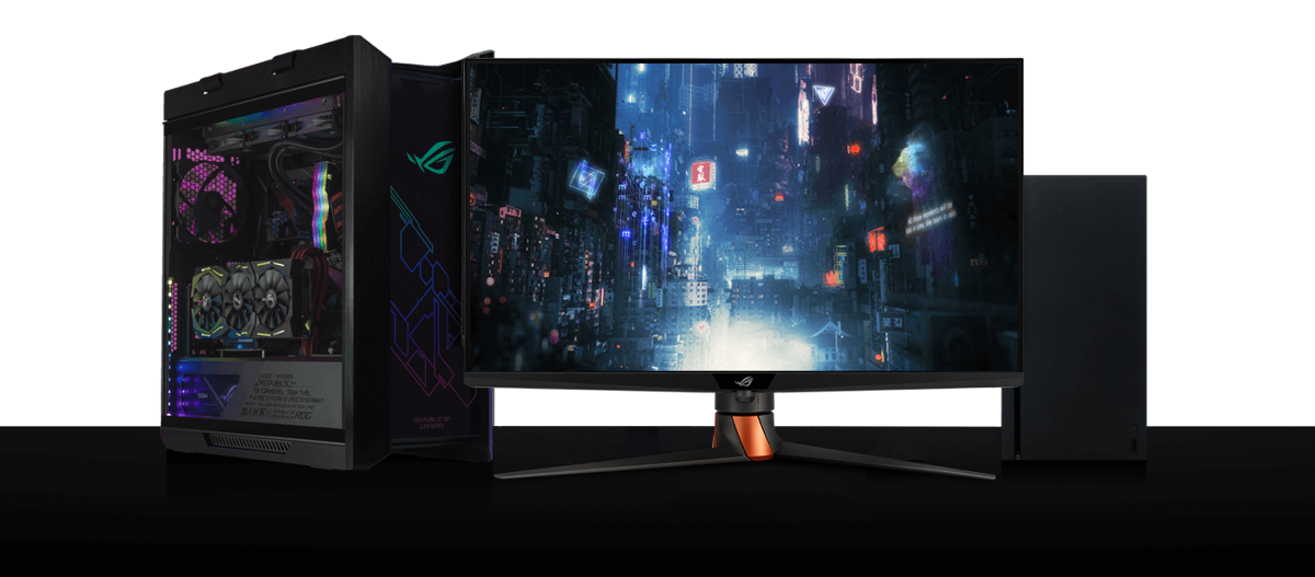 Ein PC, ein ROG Swift PG32UQXR und eine Konsole