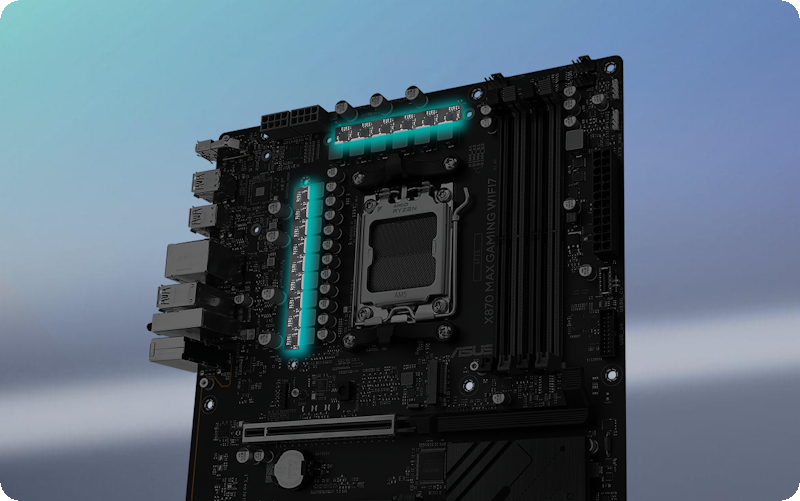 Schräge Draufsicht auf das X870 MAX GAMING WIFI7 Motherboard.
