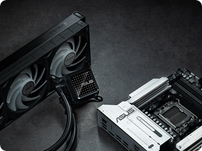 ASUS-Motherboard und AIO-Kühler auf einem Tisch.