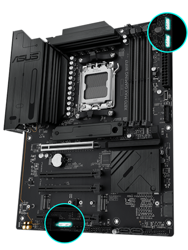 X870 MAX GAMING WIFI7 Frontansicht, 45 Grad.