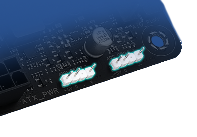 Das Bild zeigt die X870 MAX GAMING WIFI7 ARGB-Anschlüsse.