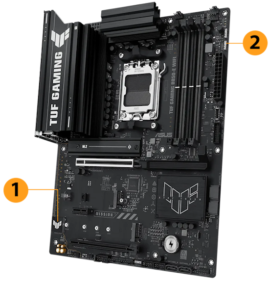 TUF Gaming Mainboard Frontansicht, 60 Grad, mit Aura-Beleuchtung