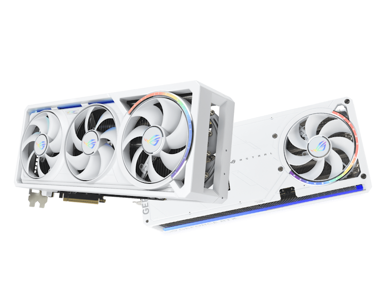 ROG Astral GeForce RTX™ 5090 weiße Grafikkarte Vorderansicht und Rückansicht mit einem Hintergrund in der Galaxie
