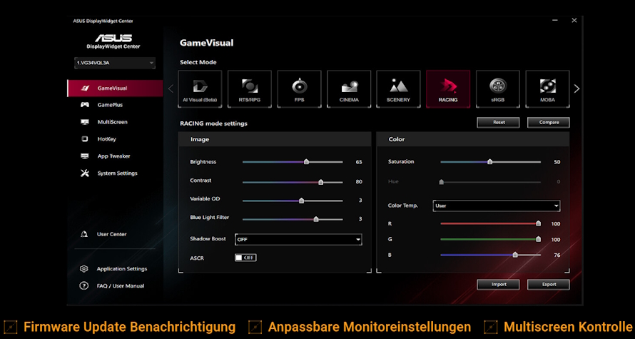 Screenshot der neuen ASUS DisplayWidget Center UI mit Systemeinstellungen.
