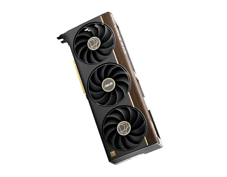 ProArt GeForce RTX™ 5080 Grafikkarte schwebend in einem kriegsfarbenen Hintergrund mit Betonfundament